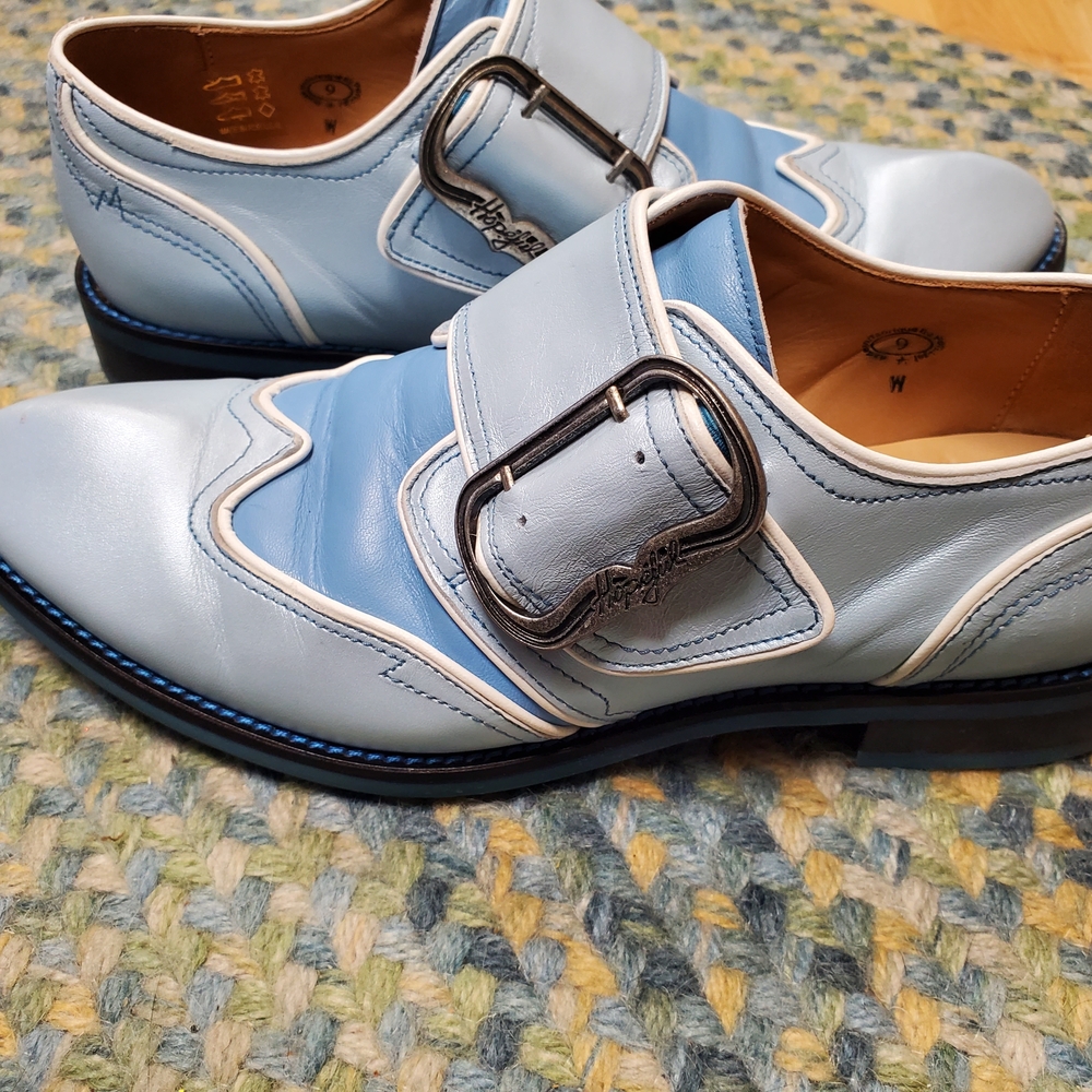 John Fluevog Light Blue and White Buckle Oxfords - Picture 3 of 6